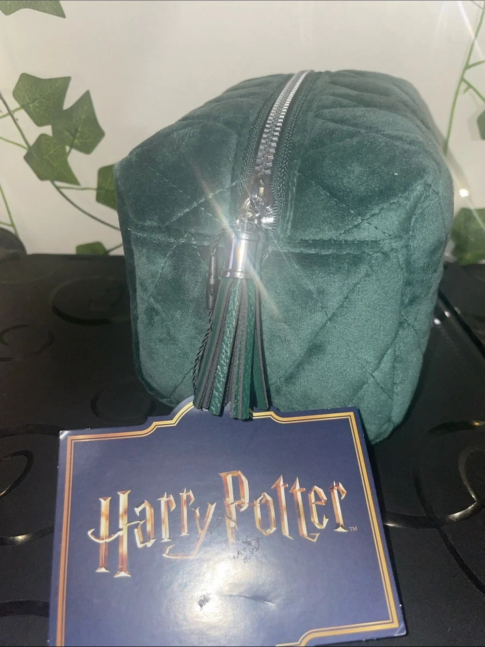 Warner Bros. Slytherin Quilted Emerald Green Velvet Cosmetic Bag